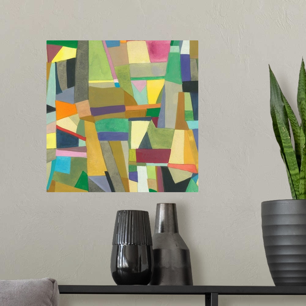 A modern room featuring One painting in a series of geometric abstracts with some various colors depicting the artist's i...