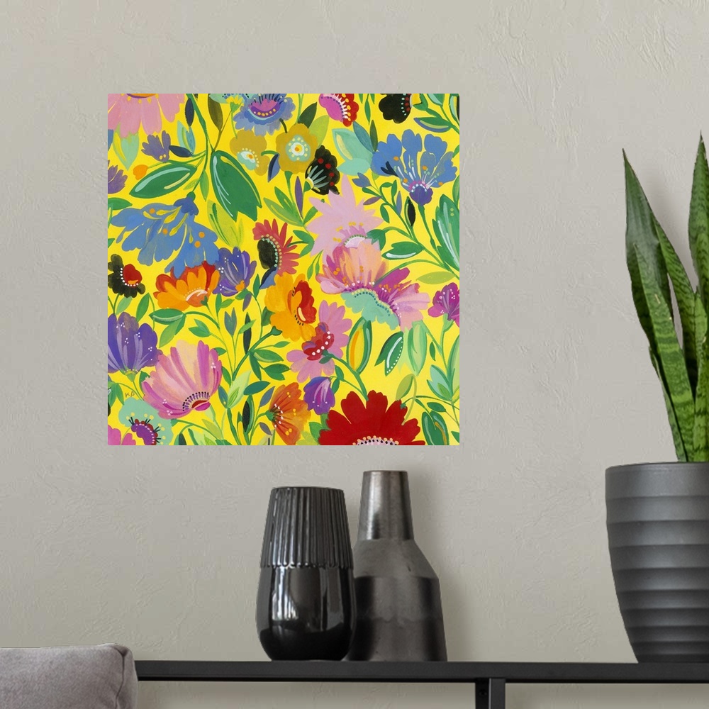 A modern room featuring A series of flowers and leaves in warm colors and a soft style against a bright yellow background.