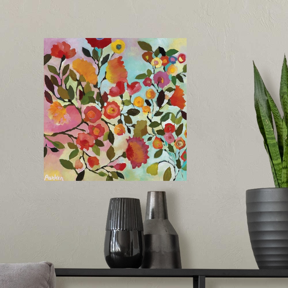 A modern room featuring A series of flowers and leaves in warm colors and a soft style against a pale blue background.