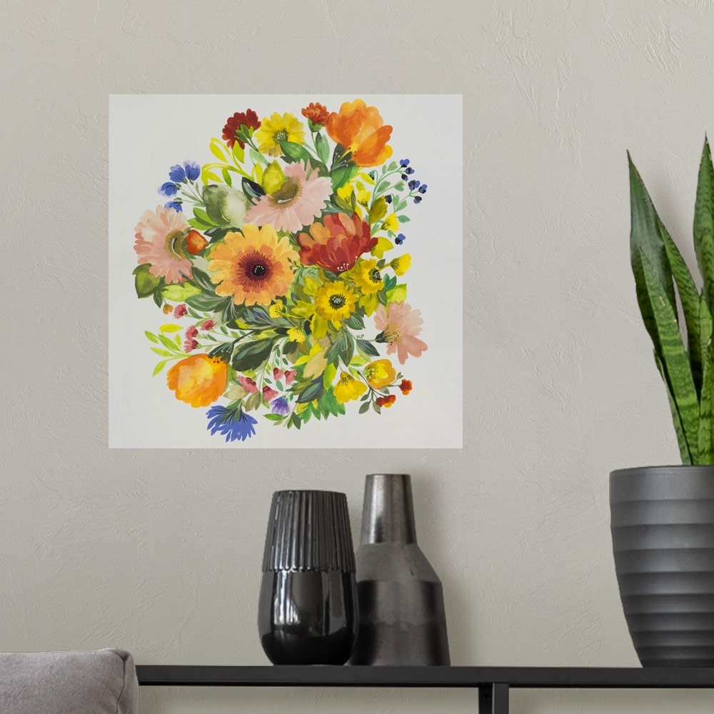 A modern room featuring A series of flowers in warm colors and leaves in a soft style against a light background.