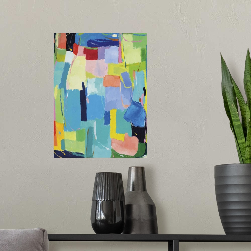 A modern room featuring Abstract painting of soft, rounded rectangular shapes in bright, spring-like colors