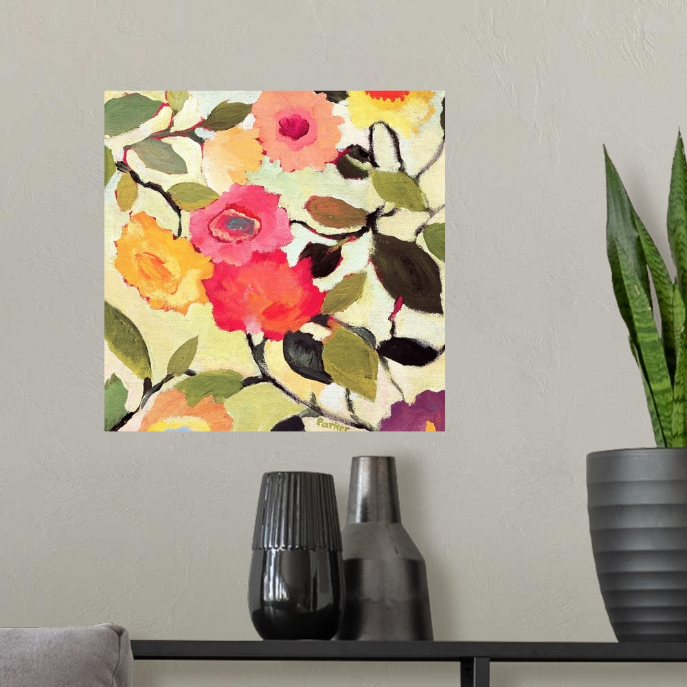A modern room featuring A painting of wild roses against a pale background in a soft style.