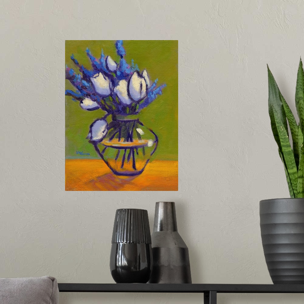 A modern room featuring A vertical contemporary painting of a glass vase of eloquent flowers.