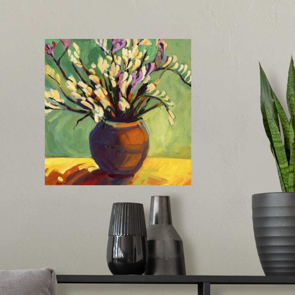 A modern room featuring A square painting of a vase of flowers in vibrant brush strokes.