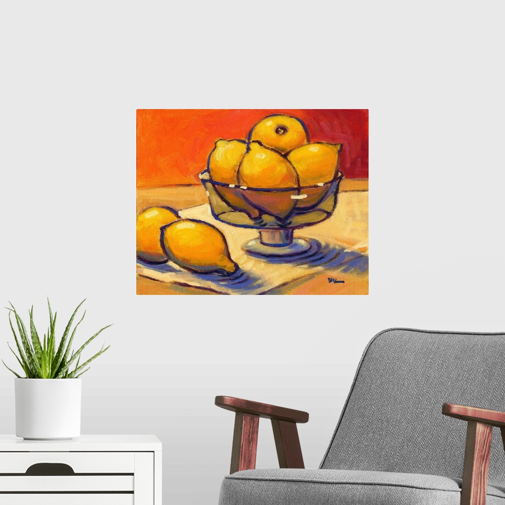 A modern room featuring A contemporary abstract painting of a bowl of lemons against a orange background.