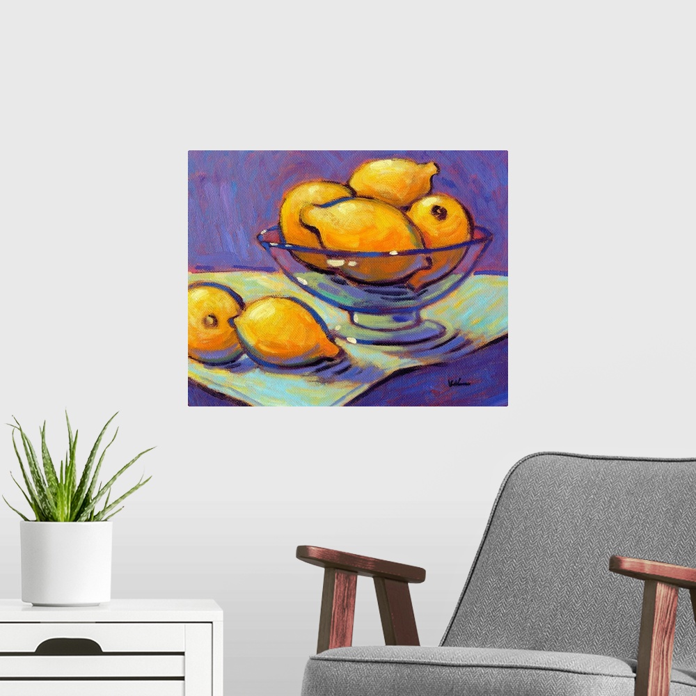 A modern room featuring A contemporary abstract painting of a bowl of lemons against a purple background.