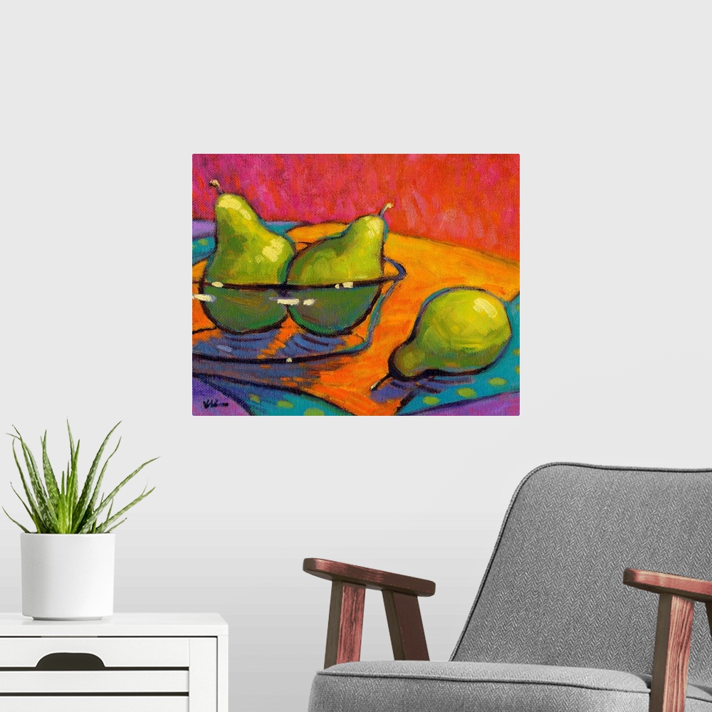 A modern room featuring A contemporary abstract painting of a bowl of pears in vibrant colors.