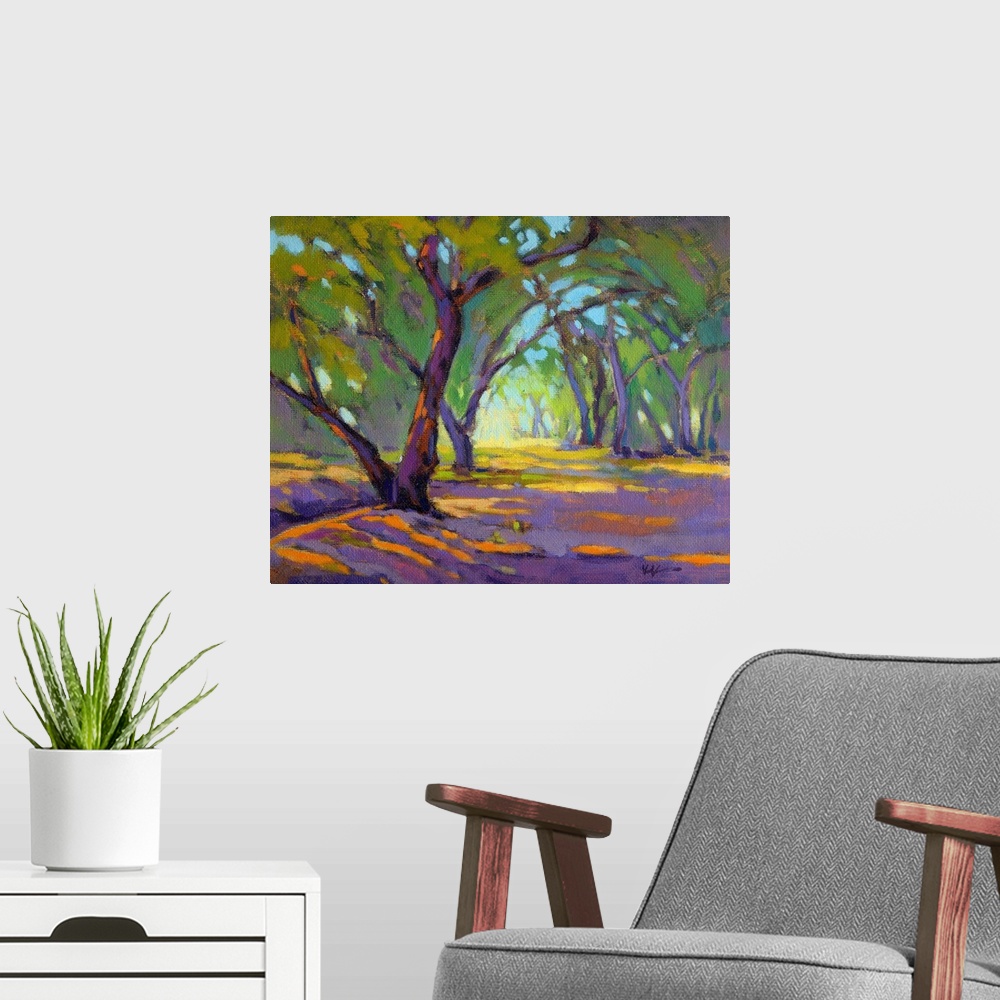 A modern room featuring Contemporary landscape with curved trees in a forest setting made with purple, orange, yellow, an...