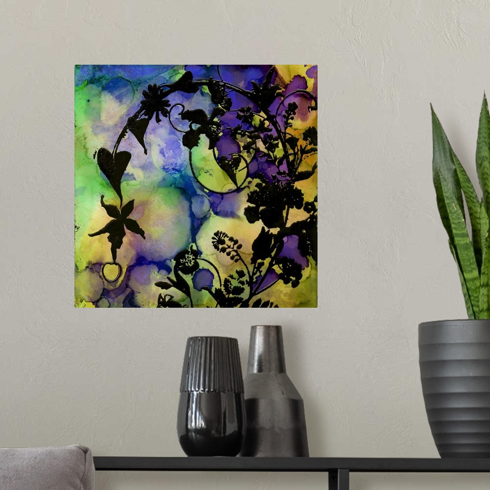 A modern room featuring Square painting of flowery vines against a multicolored watercolor background.