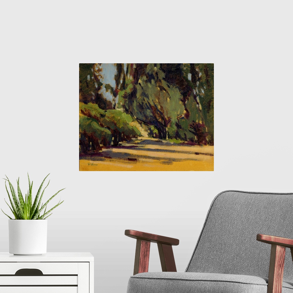 A modern room featuring A contemporary painting of a small divide in a forest.