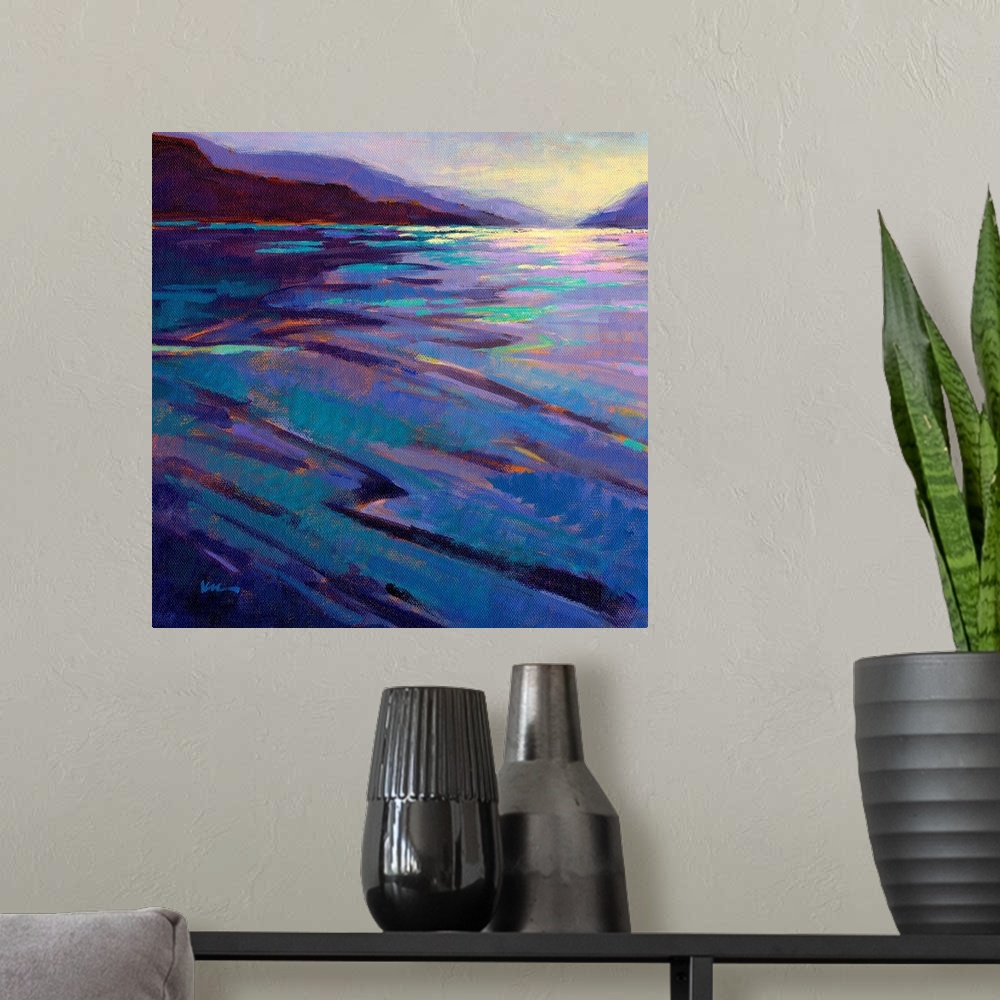 A modern room featuring A square contemporary painting in colorful brush strokes of waves in the water by moonlight.