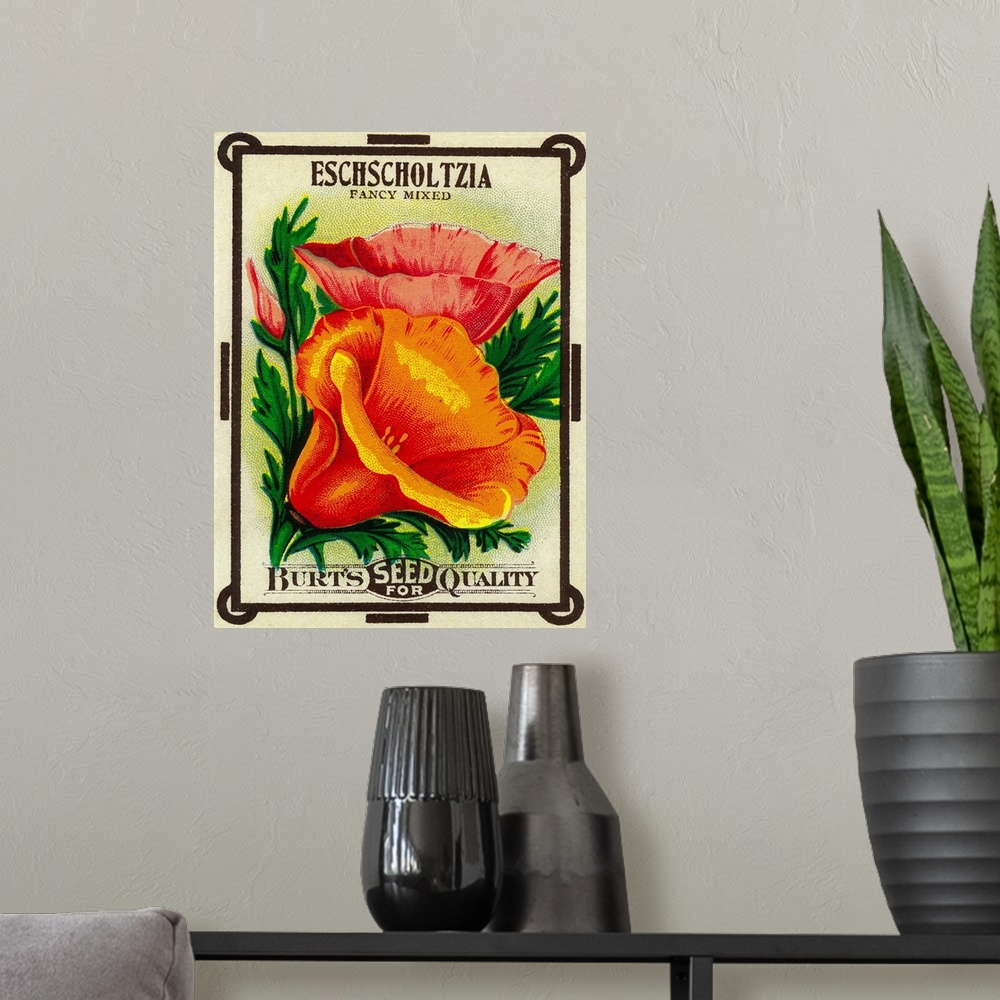 A modern room featuring A vintage label from a seed packet for California Poppies.