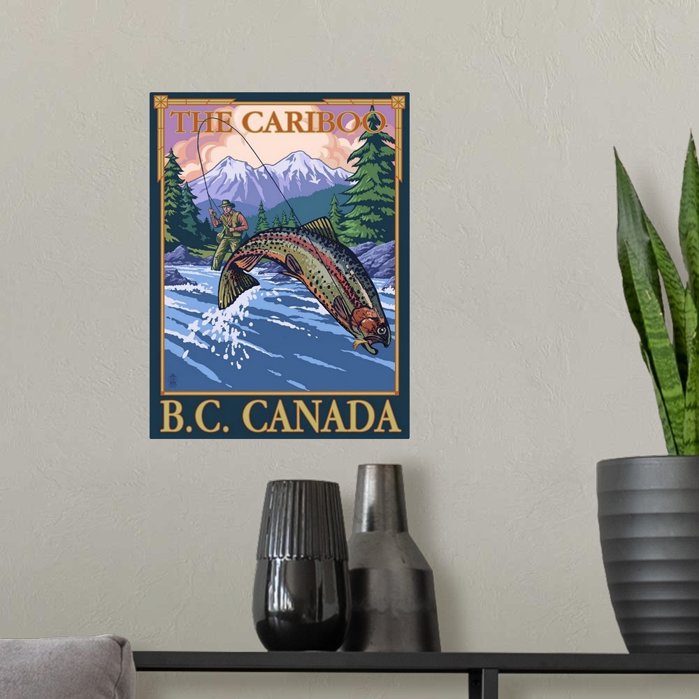 A modern room featuring Retro stylized art poster of a fisherman catching a fish in a river. With mountains in the backgr...