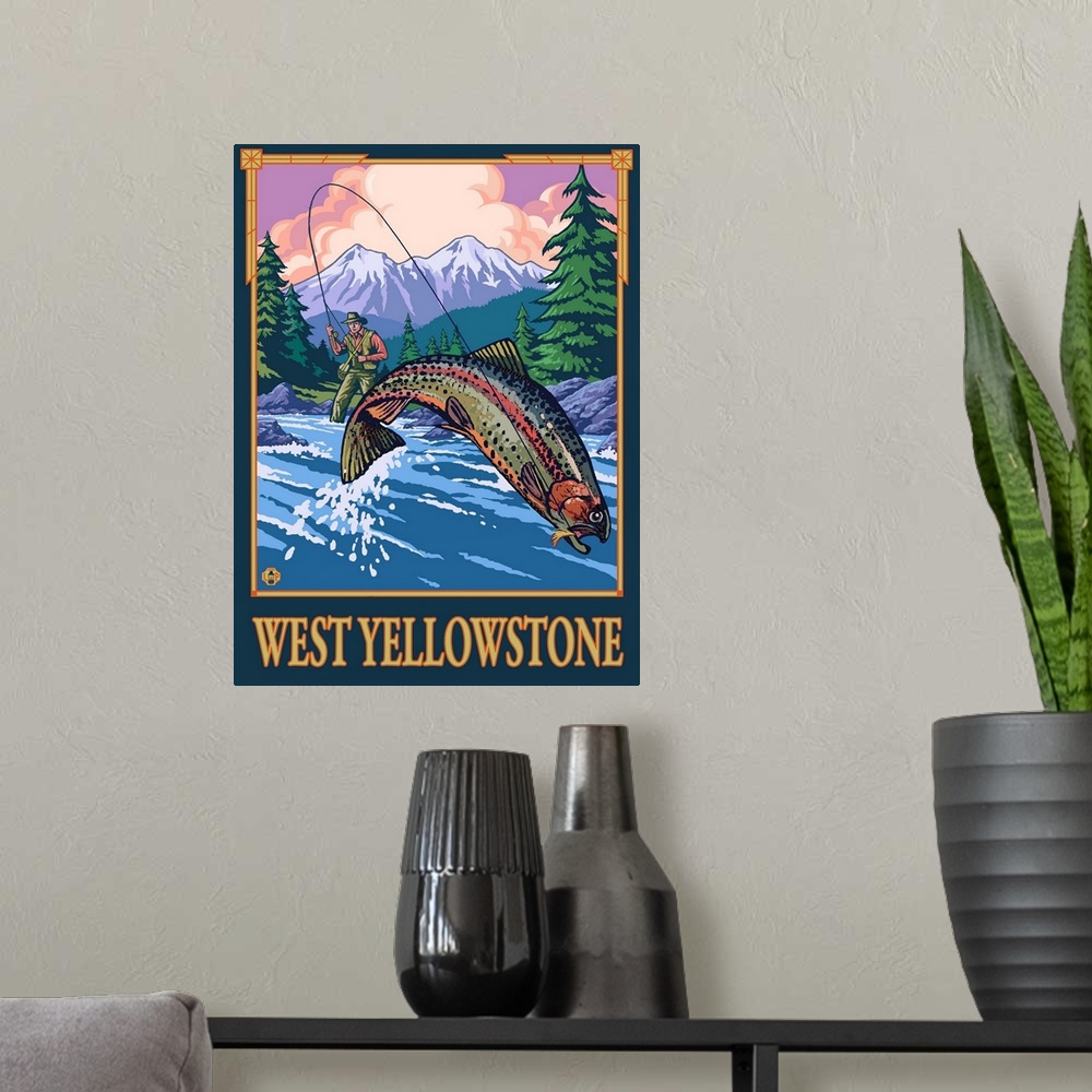 A modern room featuring Fly Fishing Scene - West Yellowstone: Retro Travel Poster