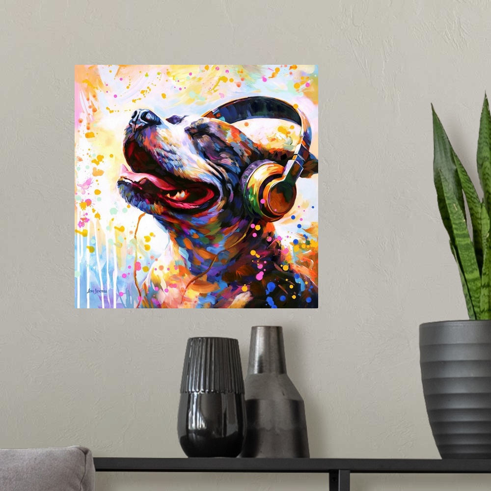 A modern room featuring This lively artwork features a colorful dog enjoying music with headphones, set against a vibrant...