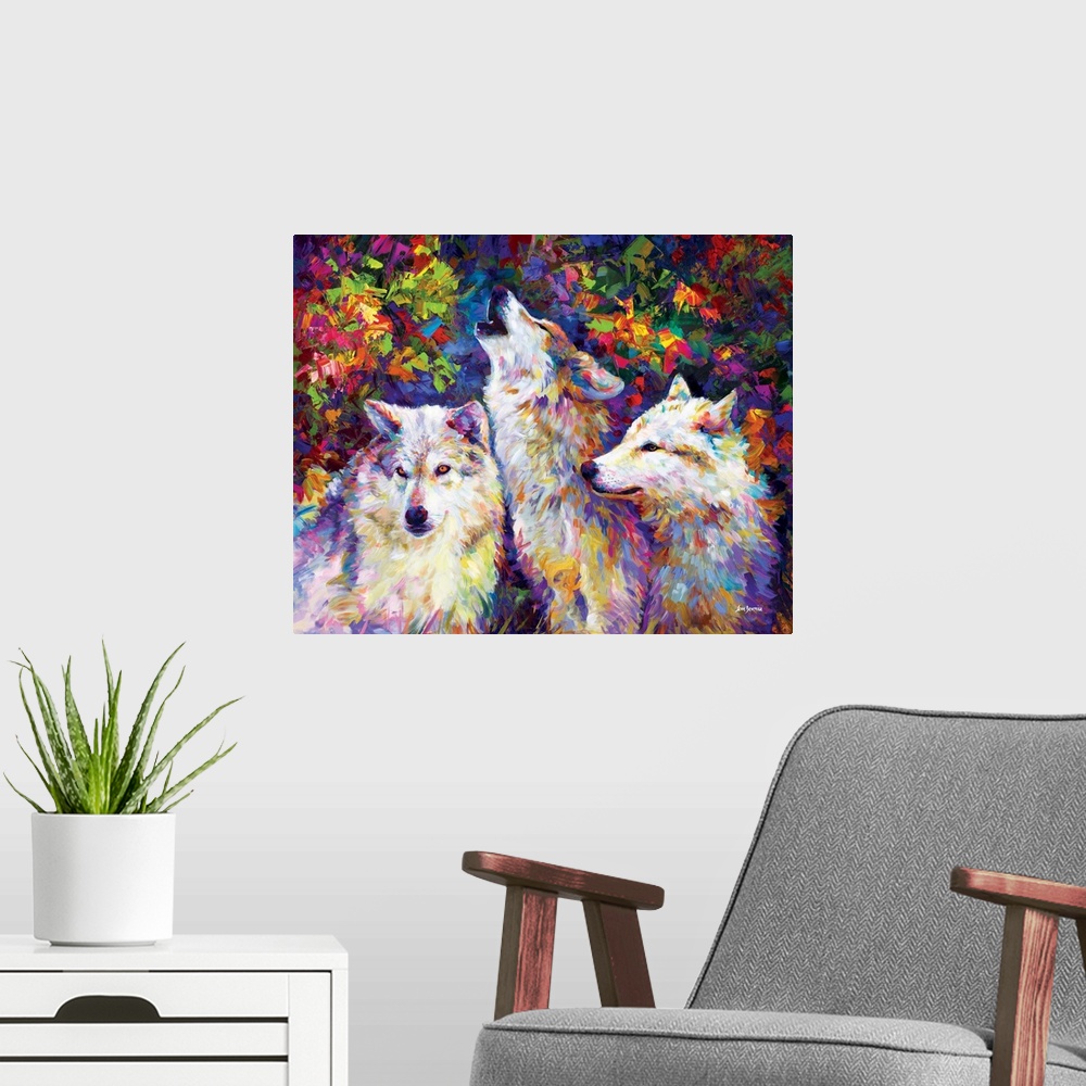 A modern room featuring Vibrant contemporary painting of three colorful wolves in the forest in the style of impressionism.