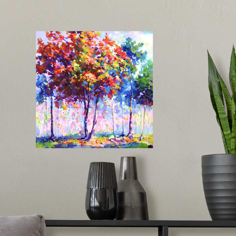 A modern room featuring This contemporary landscape portrays a colorful array of trees, each one a harmony of colors, com...