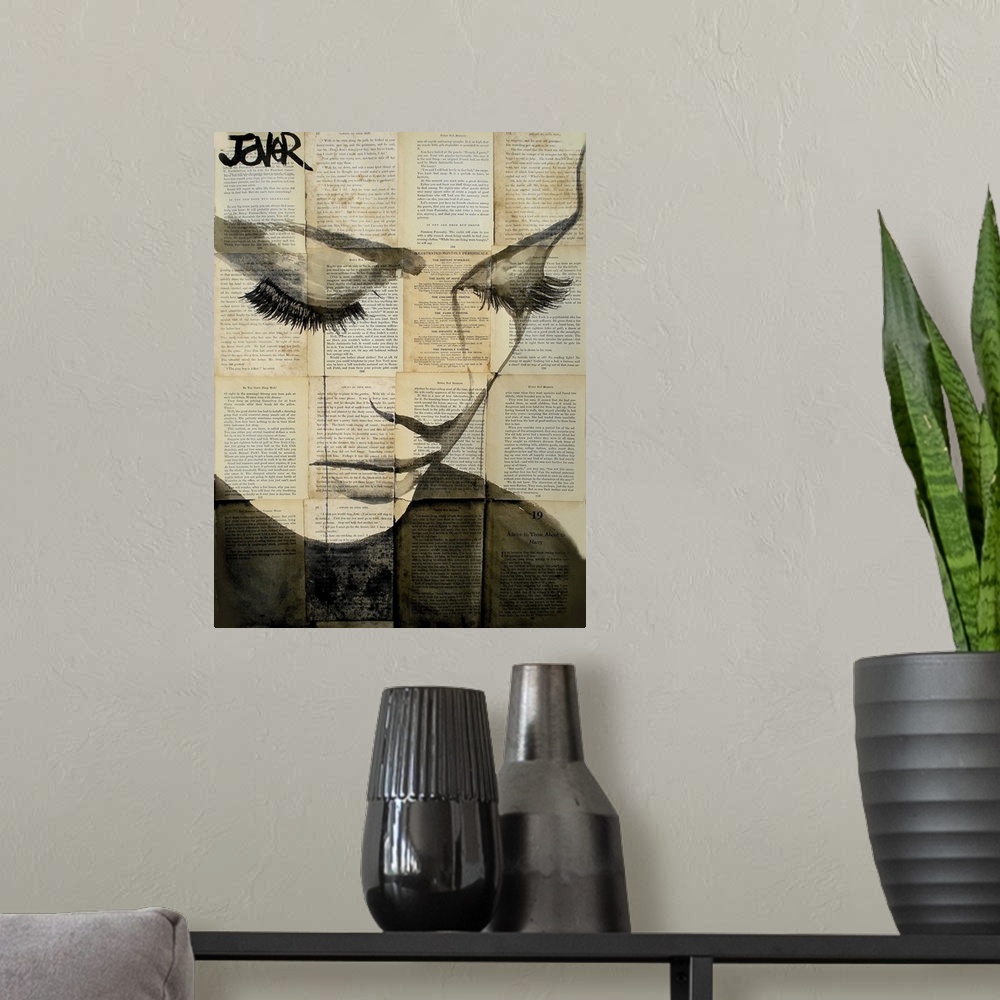 A modern room featuring Contemporary artwork of a close-up of a woman's face against a background of tiled book pages.