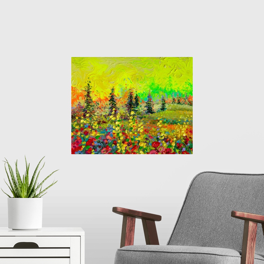 A modern room featuring Brightly colored contemporary artwork of a landscape painting with trees.