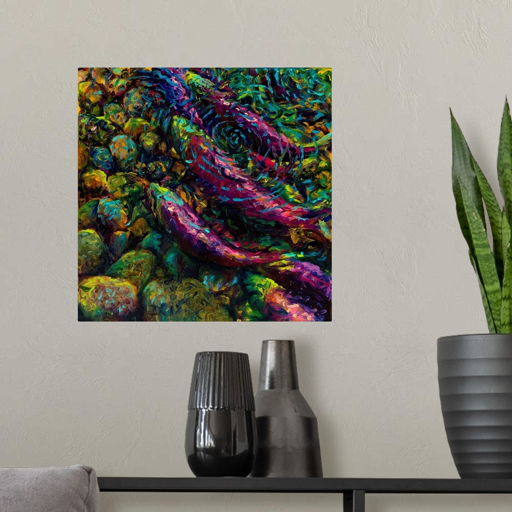 A modern room featuring Brightly colored contemporary artwork of sockeyes in water.