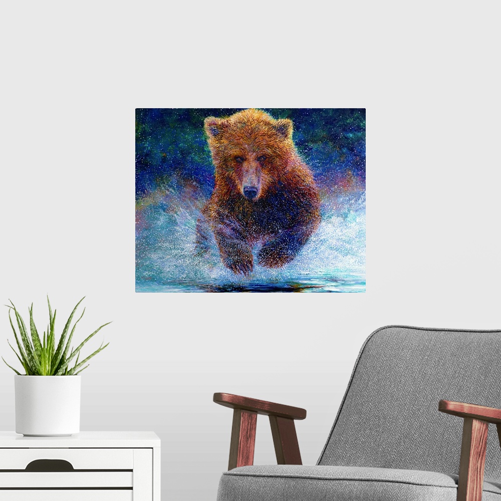 A modern room featuring Brightly colored contemporary artwork of a bear running through water.