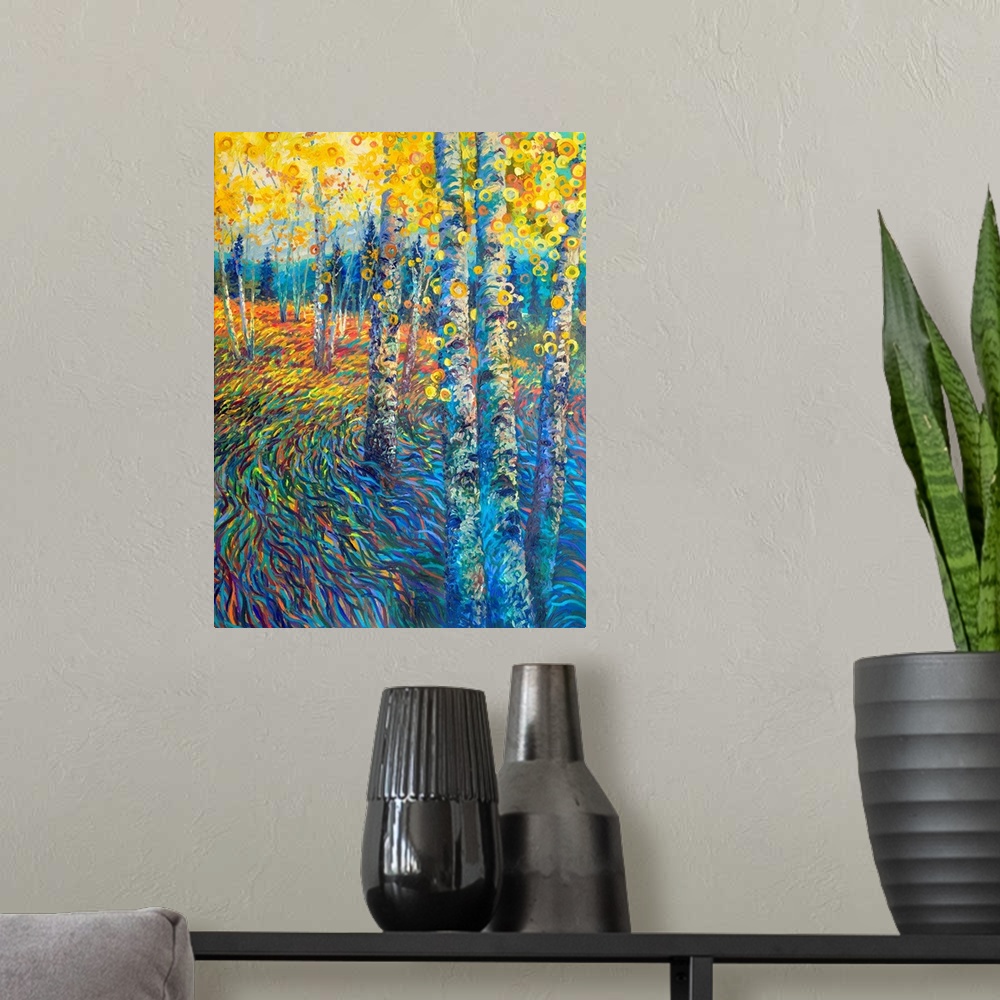 A modern room featuring Brightly colored contemporary artwork of a colorful tree landscape.