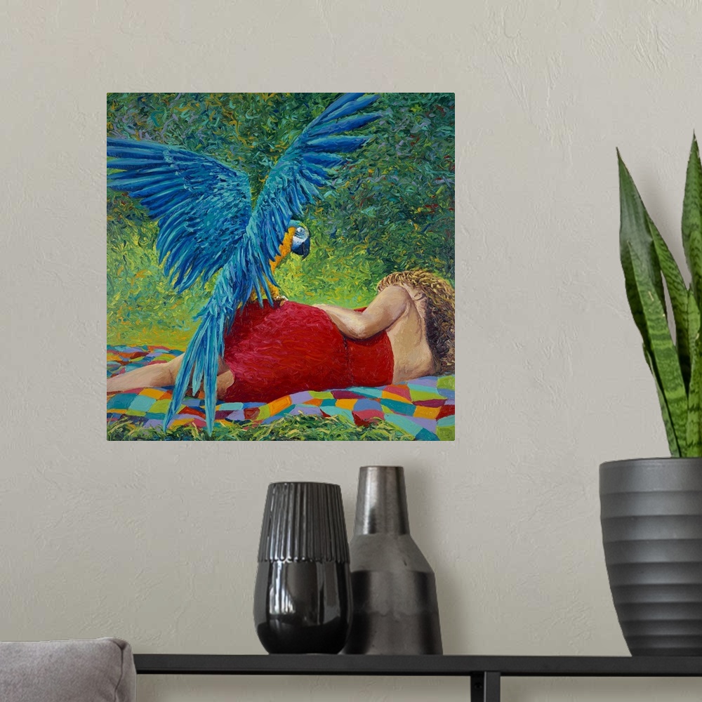 A modern room featuring Brightly colored contemporary artwork of a parrot resting on woman.