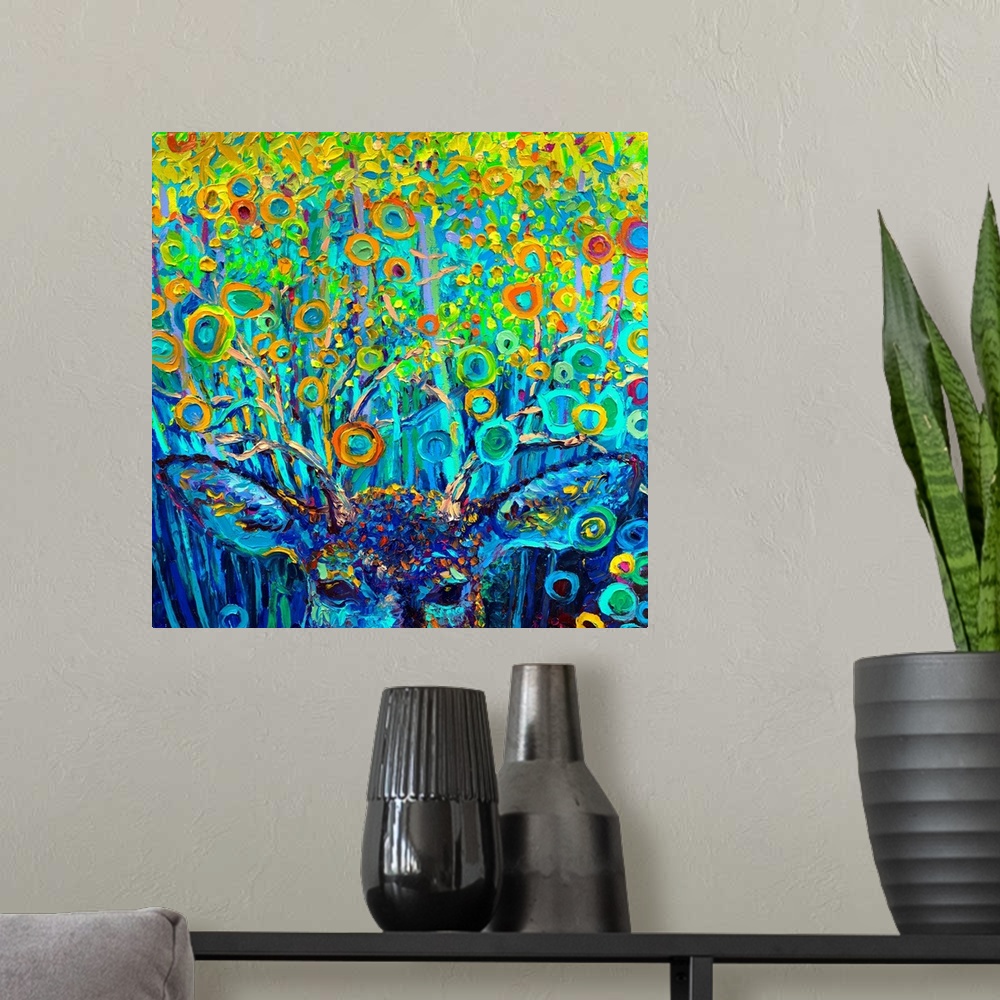 A modern room featuring Brightly colored contemporary artwork of a deer in the woods.