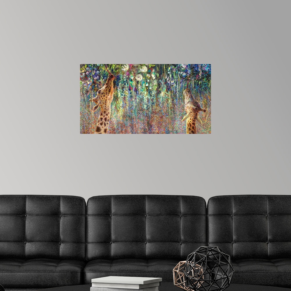 A modern room featuring Brightly colored contemporary artwork of two giraffes eating from hanging flowers.