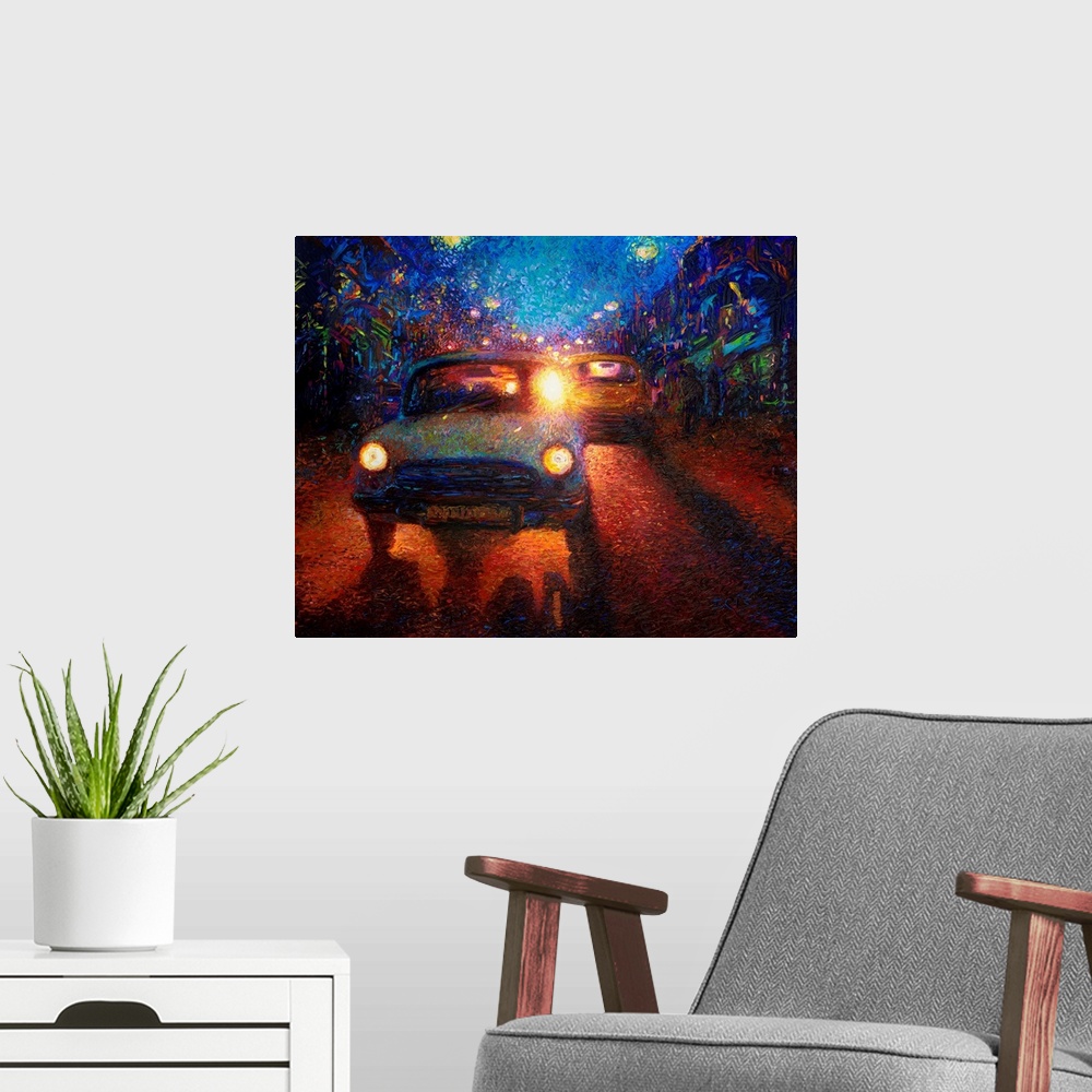 A modern room featuring Brightly colored contemporary artwork of cars on a city street at night.