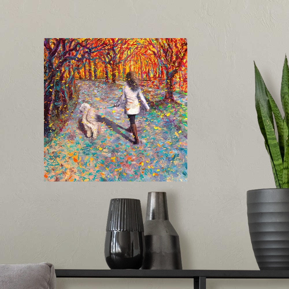 A modern room featuring Brightly colored contemporary artwork of a woman walking a dog.