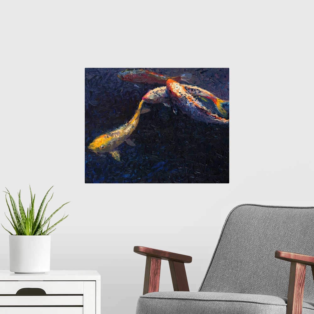A modern room featuring Brightly colored contemporary artwork of fish swimming in dark water.