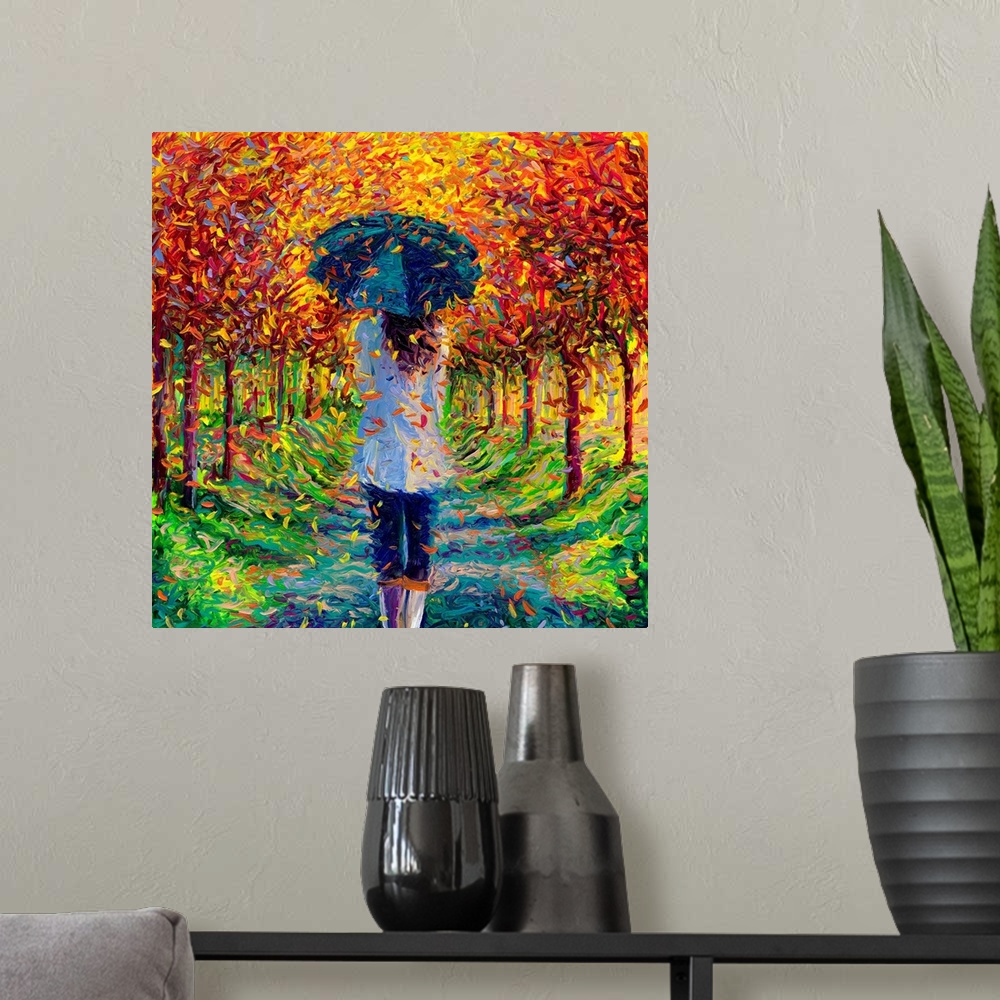 A modern room featuring Brightly colored contemporary artwork of a woman walking through trees.
