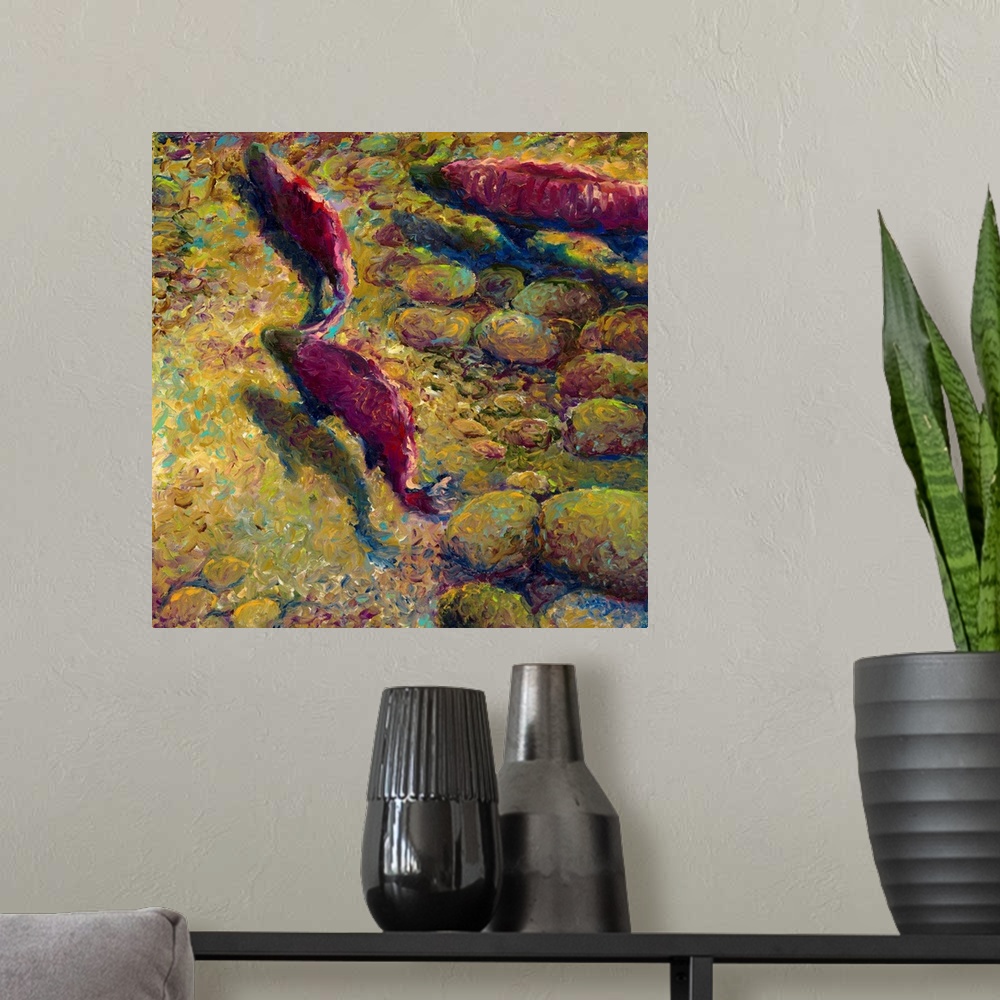 A modern room featuring Brightly colored contemporary artwork of a fish swimming upstream.
