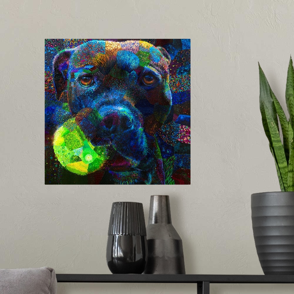 A modern room featuring Brightly colored contemporary artwork of a dog with a ball.