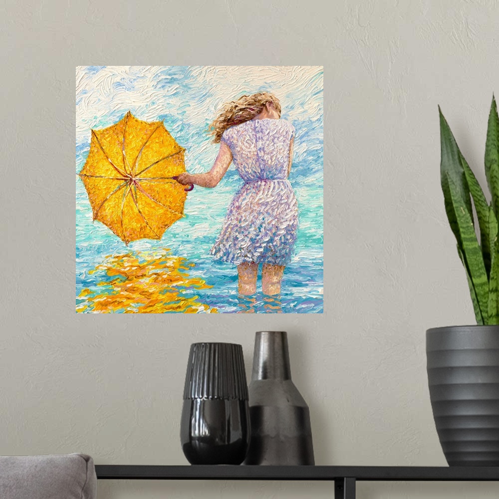 A modern room featuring Brightly colored contemporary artwork of a woman in the water.