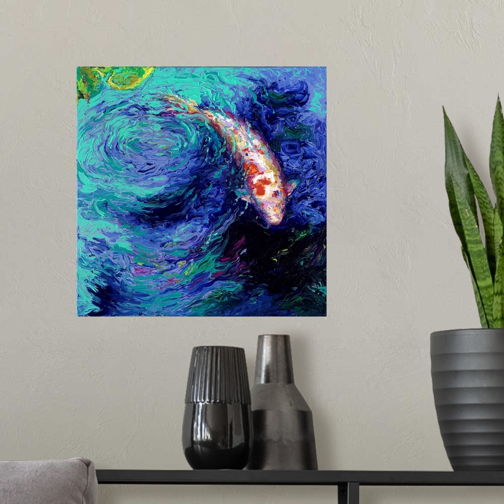 A modern room featuring Brightly colored contemporary artwork of a single koi fish in a pond.