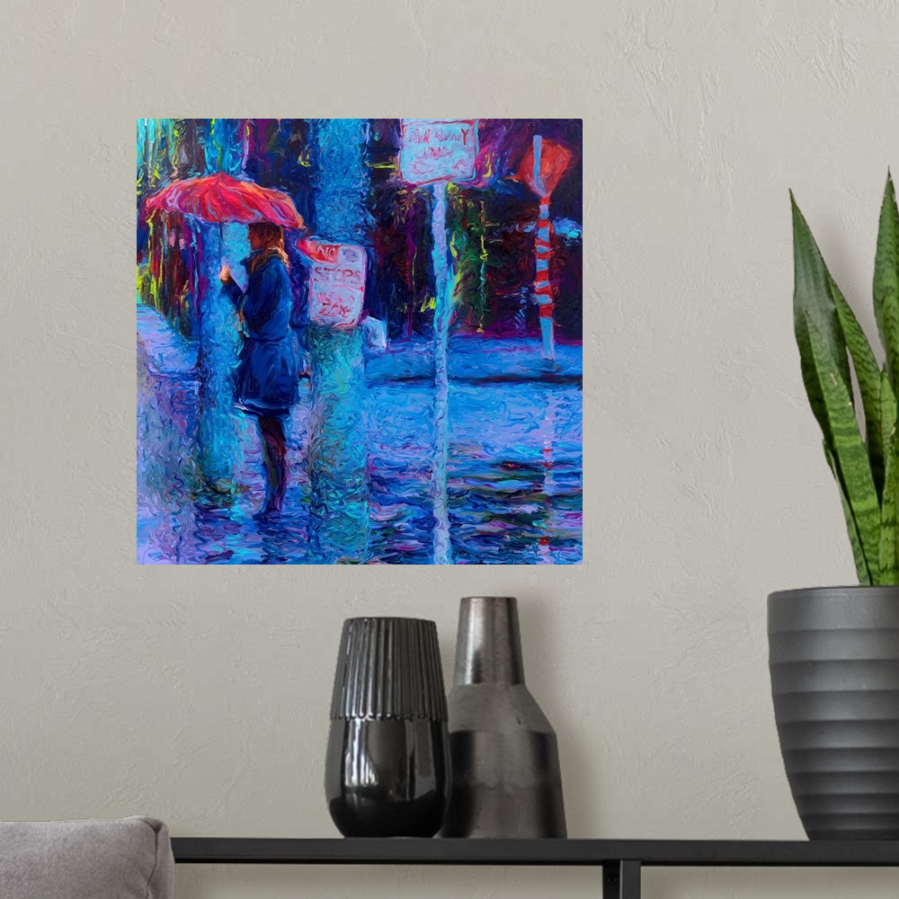 A modern room featuring Brightly colored contemporary artwork of a woman standing at a crosswalk in the rain.