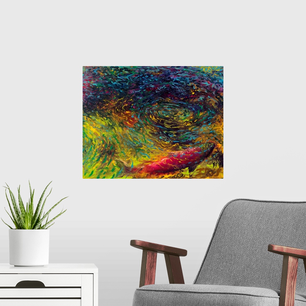 A modern room featuring Brightly colored contemporary artwork of a single sockeye in rippling water.