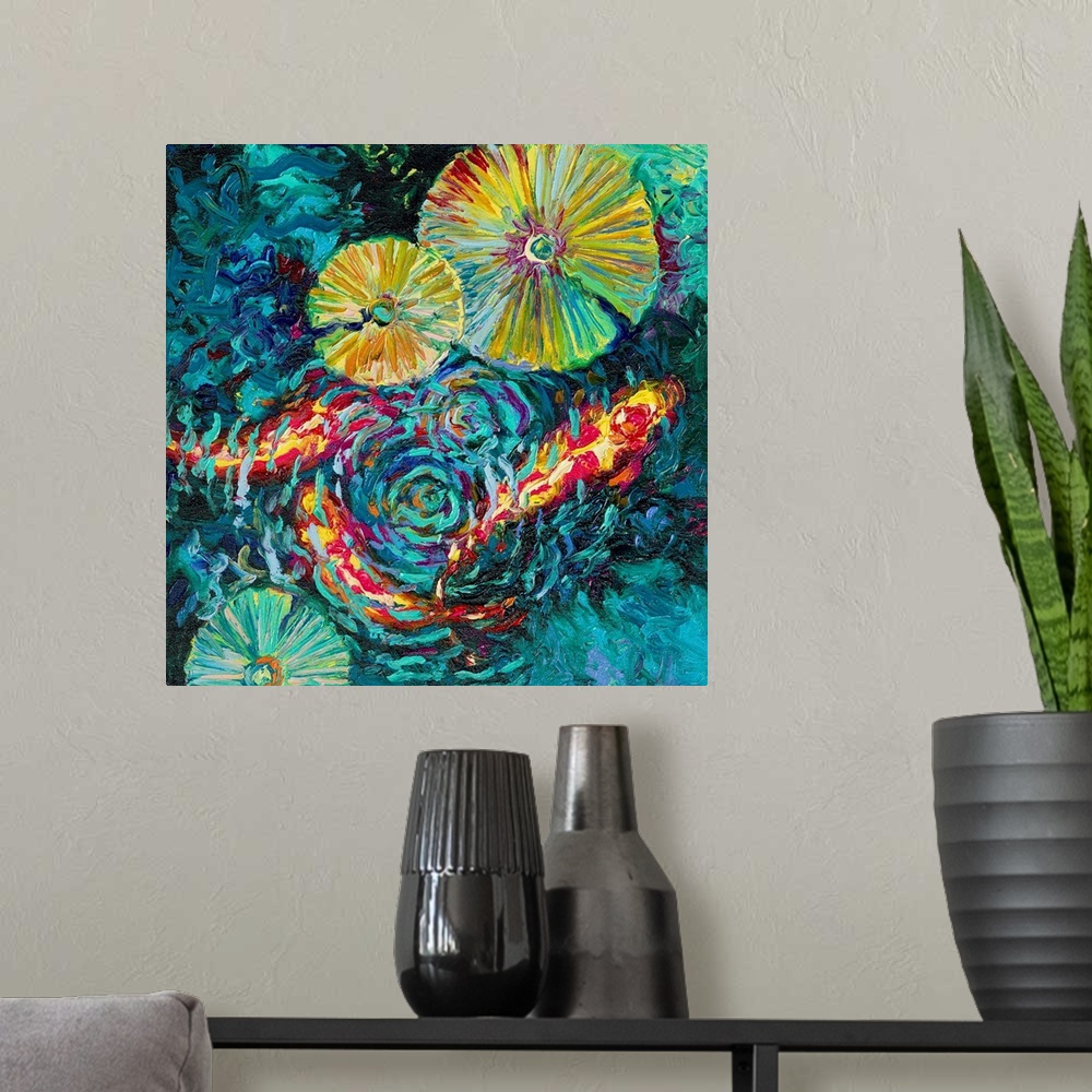 A modern room featuring Brightly colored contemporary artwork of a koi fish in a pond.
