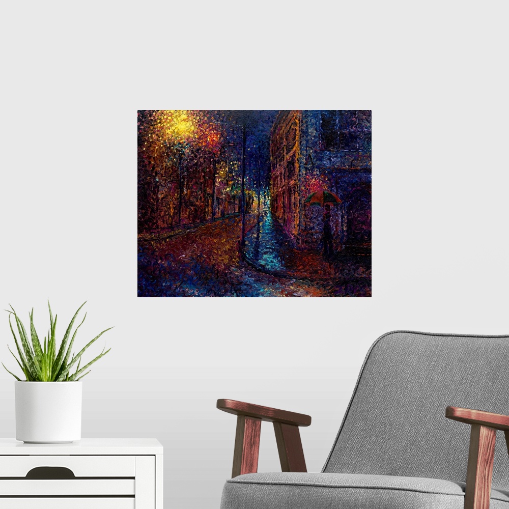 A modern room featuring Brightly colored contemporary artwork of an abstract painting of a woman walking the sidewalk.