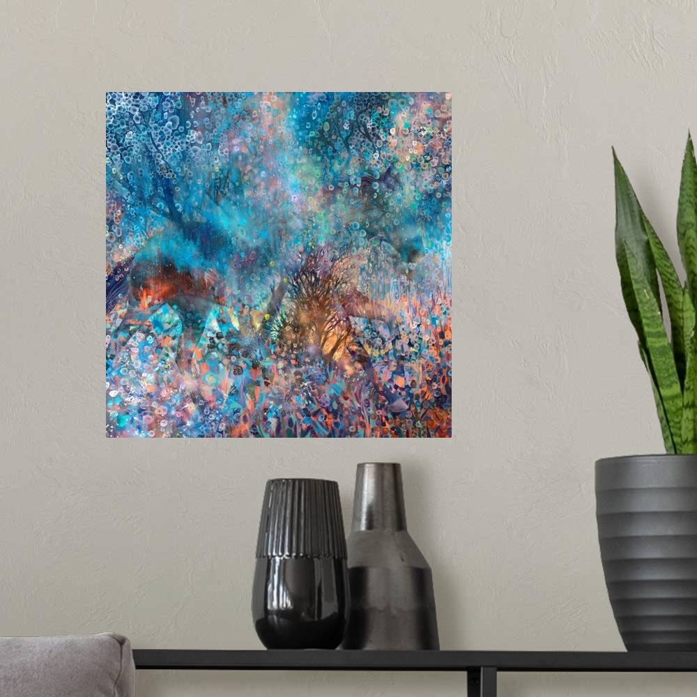 A modern room featuring Brightly colored contemporary artwork of a horse running through color.