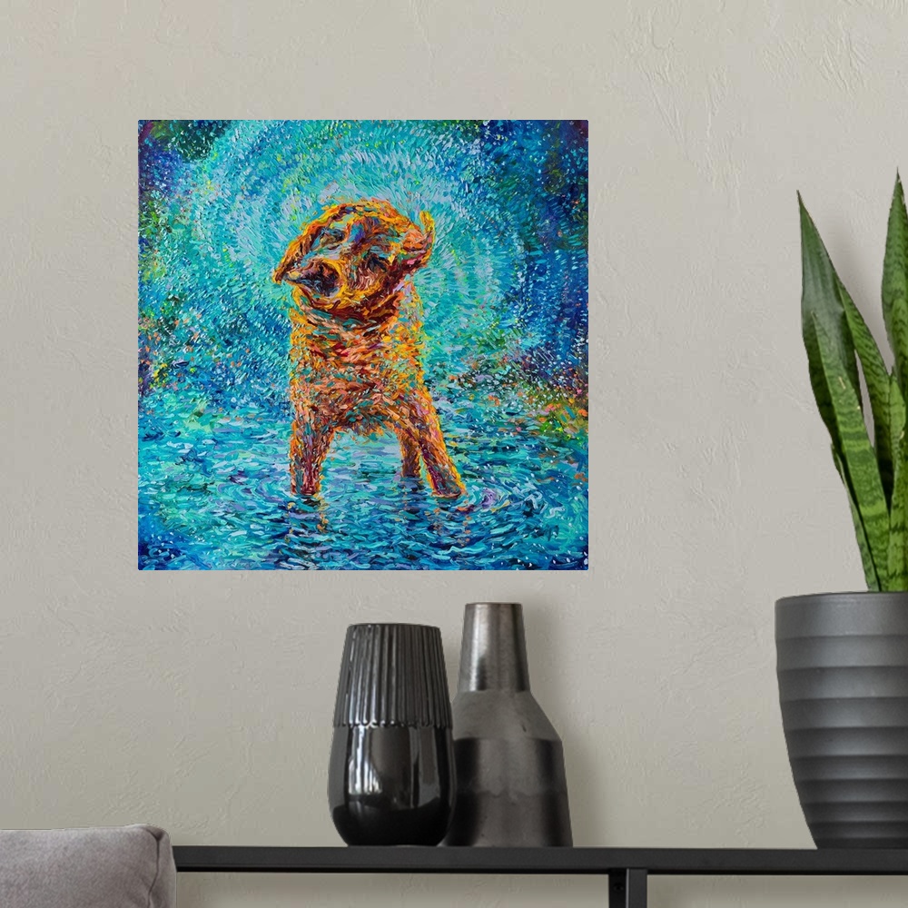 A modern room featuring Brightly colored contemporary artwork of a dog standing in water shaking.