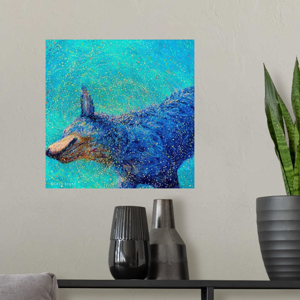 A modern room featuring Brightly colored contemporary artwork of a blue healer shaking off water.