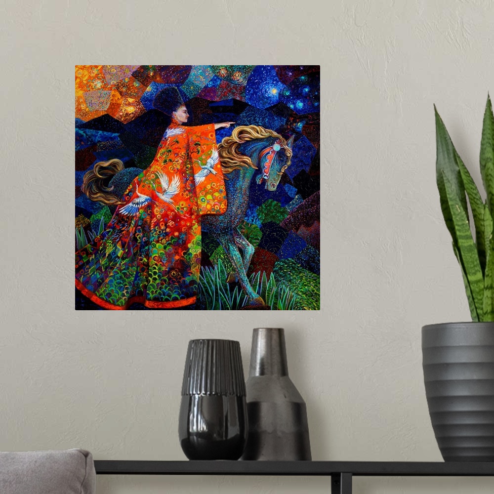 A modern room featuring Brightly colored contemporary artwork of a woman in orange robes riding a horse.