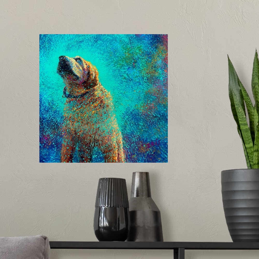A modern room featuring Brightly colored contemporary artwork of a tan dog shaking off water.