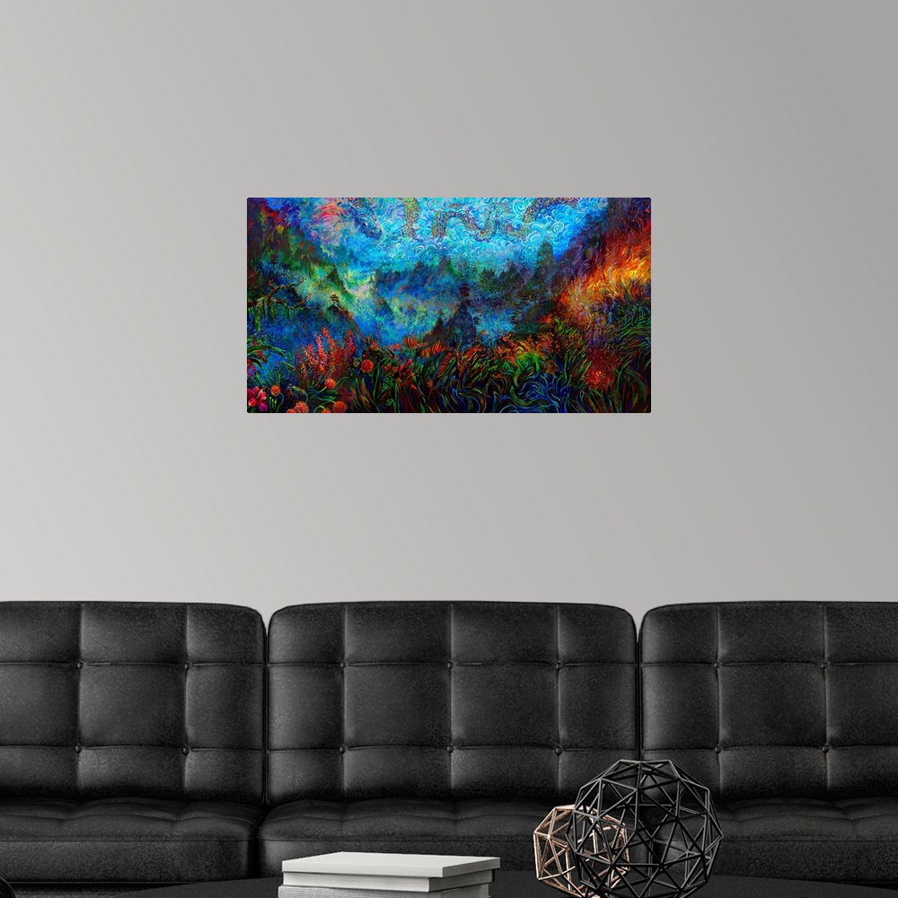 A modern room featuring Brightly colored contemporary artwork of a dragon flying over a field.