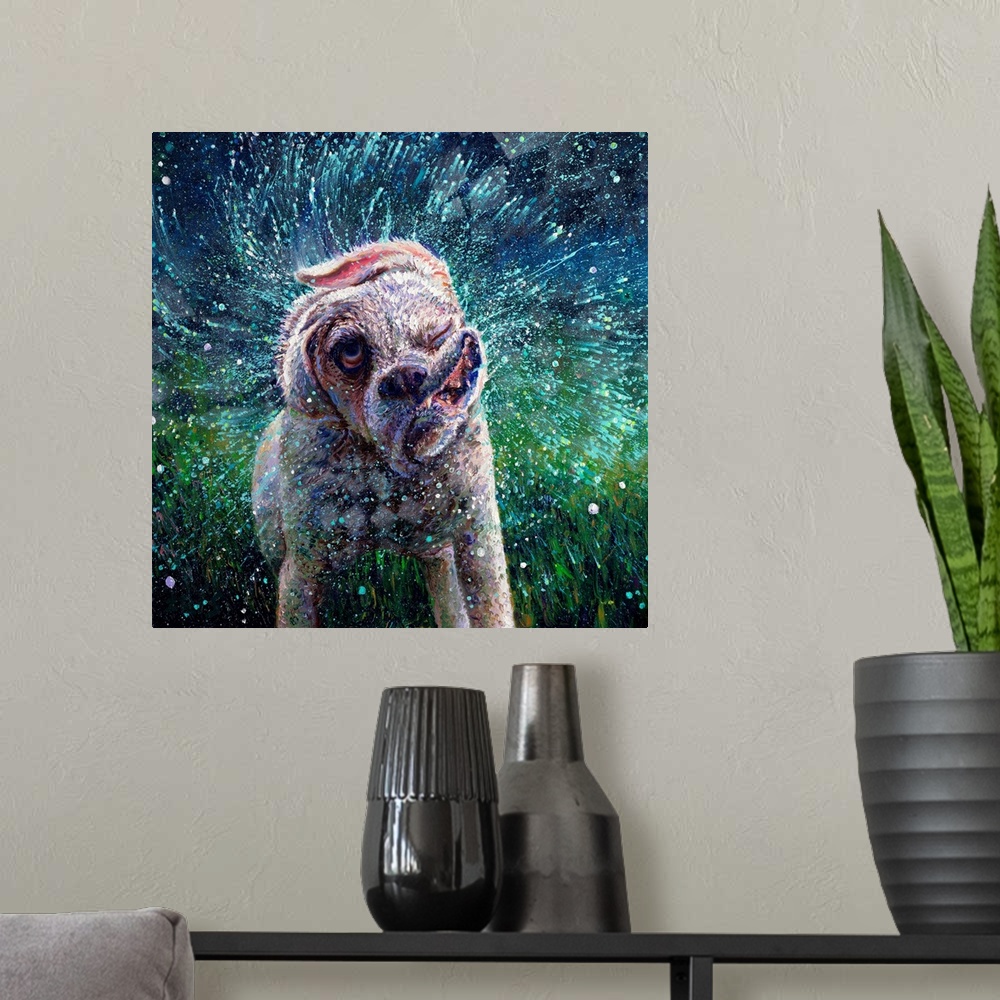 A modern room featuring Brightly colored contemporary artwork of a white dog shaking off water.