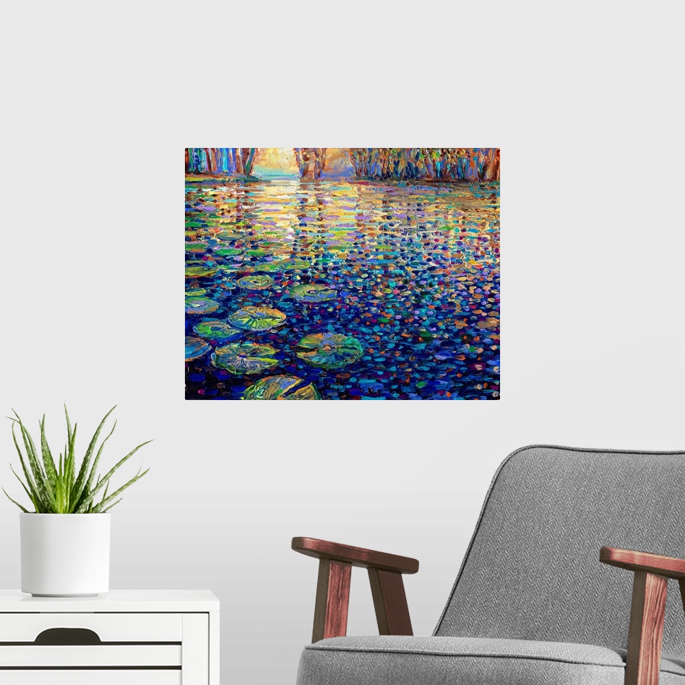 A modern room featuring Brightly colored contemporary artwork of a pond covered in water lilies.