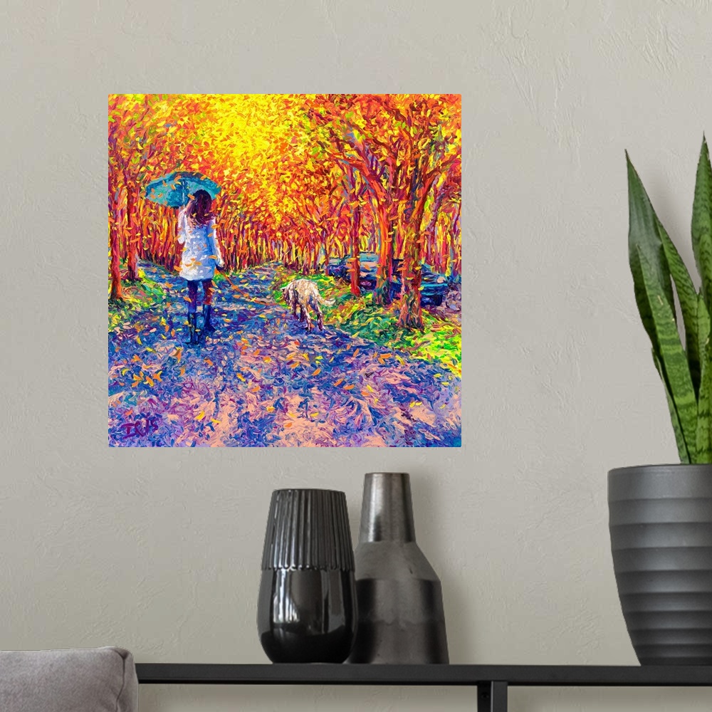 A modern room featuring Brightly colored contemporary artwork of a woman in white walking a dog.